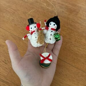 2 Handmade Vintage Kitschy Walnut Snowman Christmas Tree Ornaments